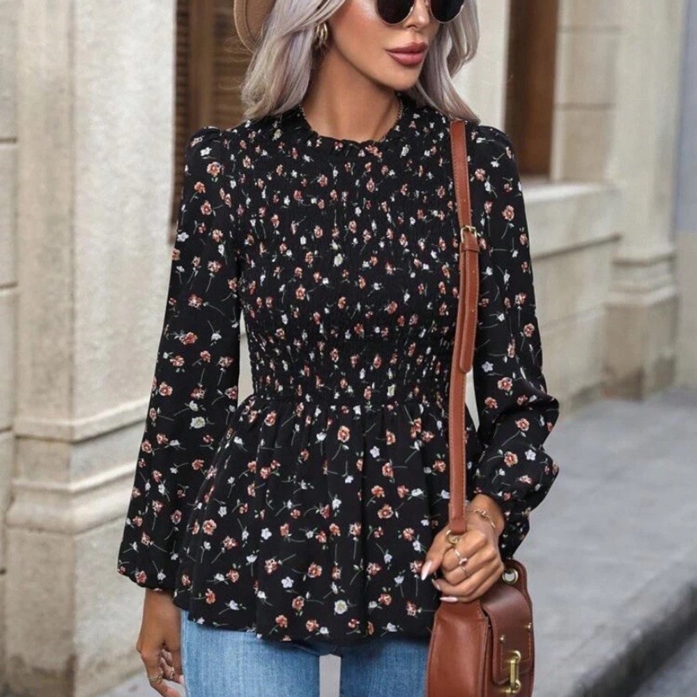 SHEIN Black Peplum Blouse with Floral Design